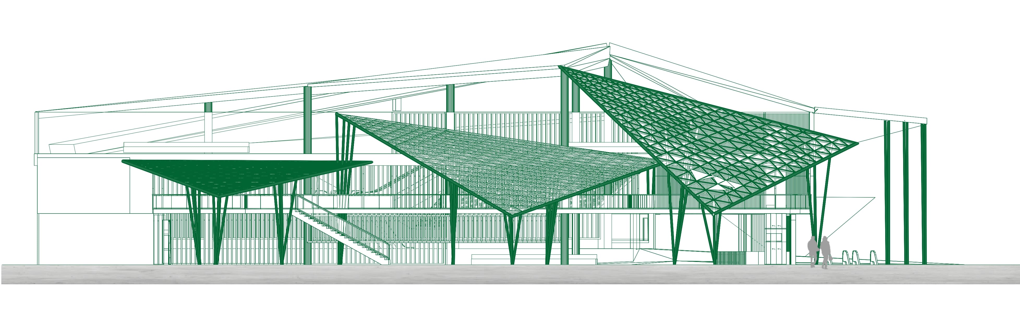 Elevation — street-level view of the rooftop intervention