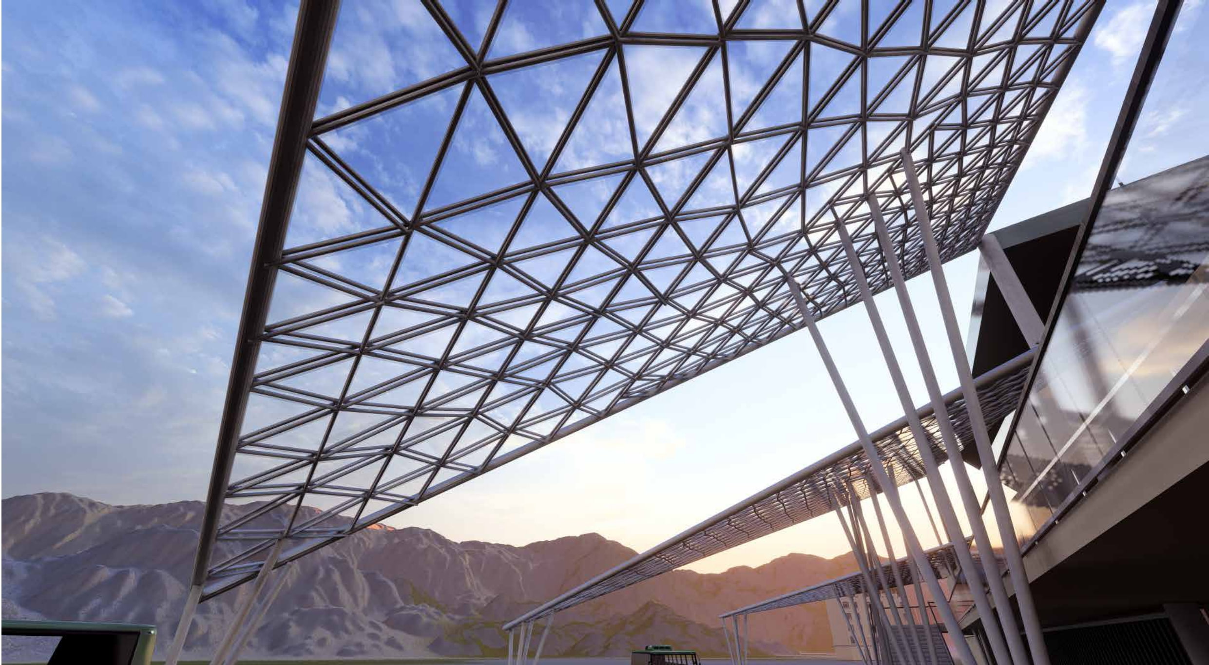 Upward view of W-truss lattice roof structure