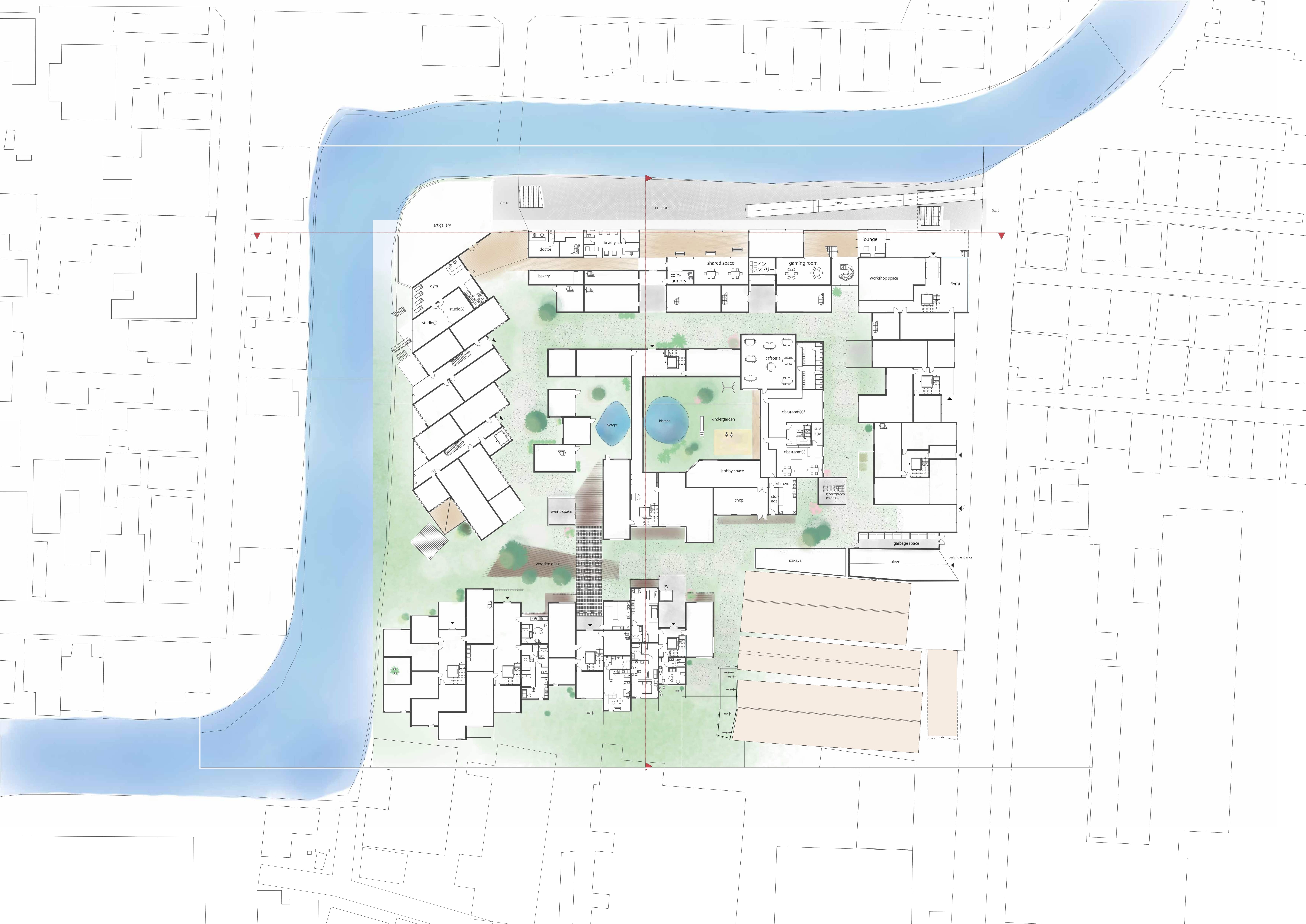 Hyggehäuser — ground floor plan showing mixed-use programme