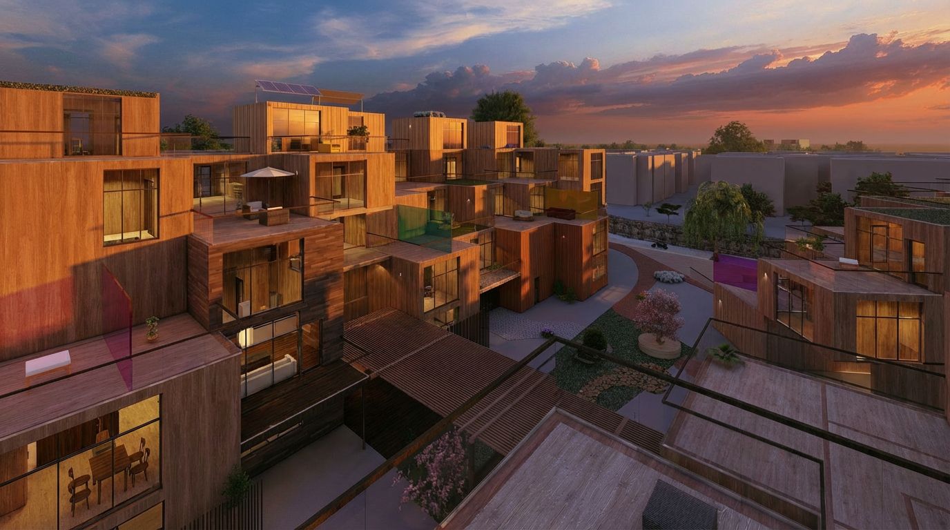 Hyggehäuser — shared terraces at golden hour