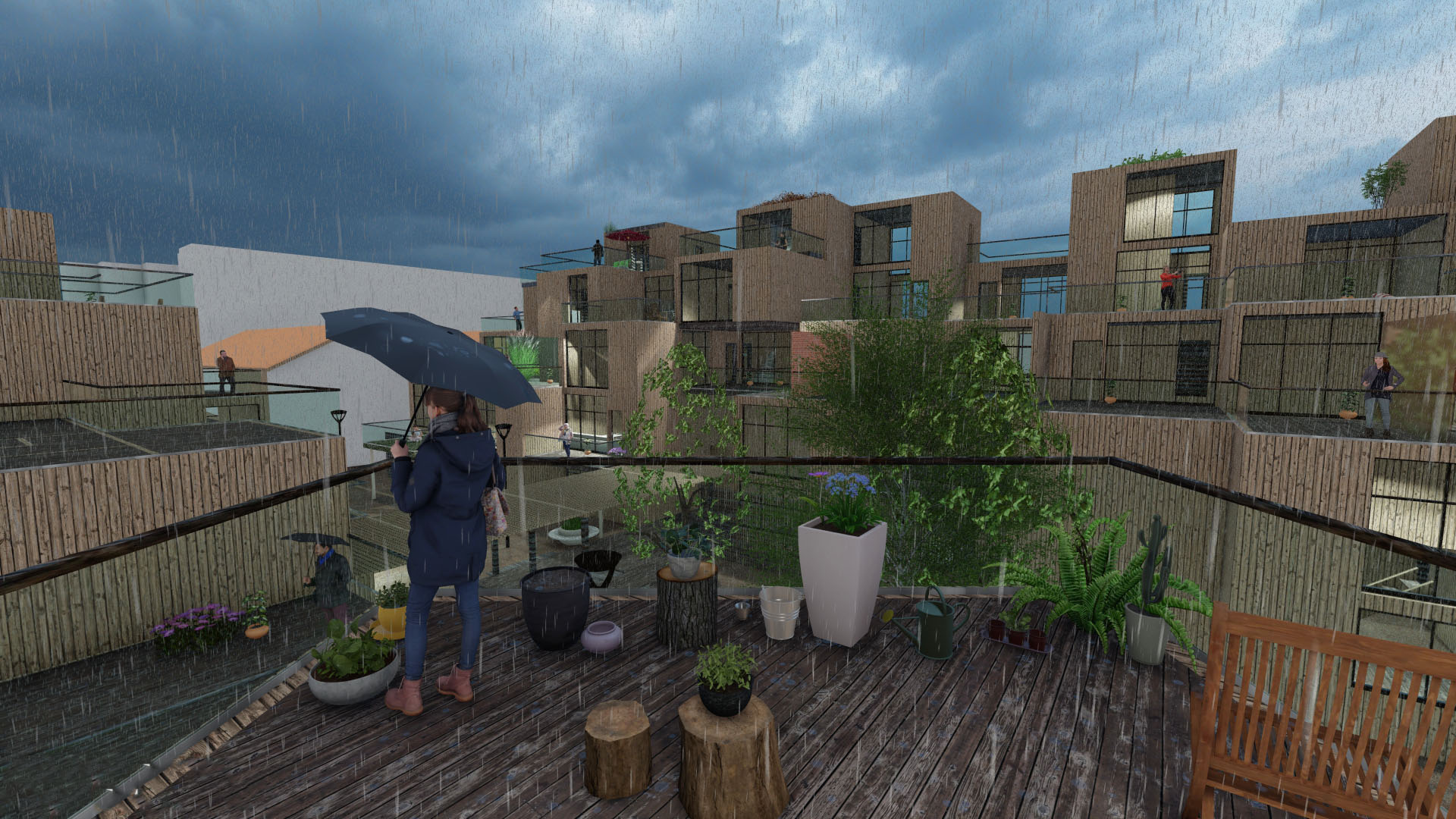 Hyggehäuser — terrace in the rain, everyday life