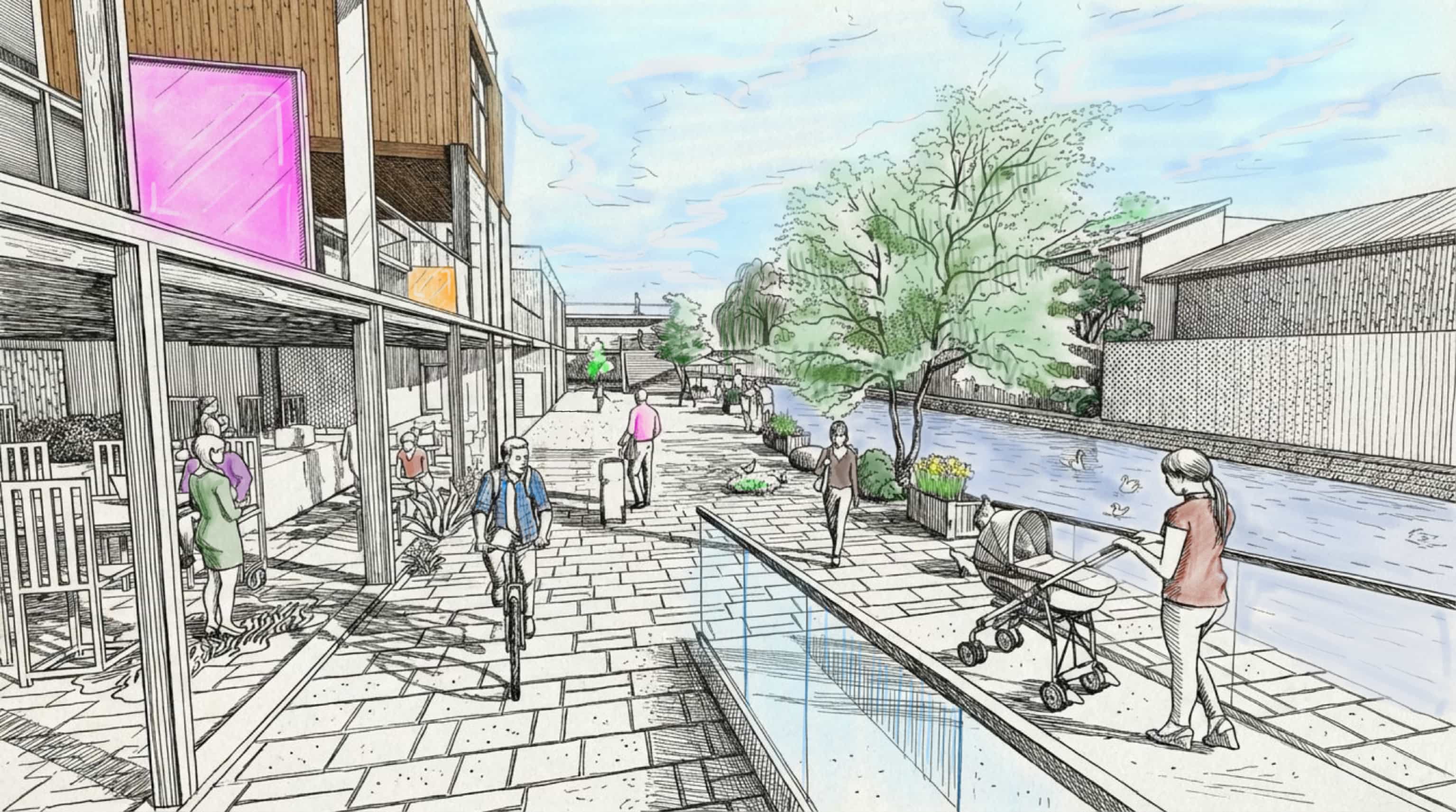 Hyggehäuser — terraced courtyard facing the Hōkawa River