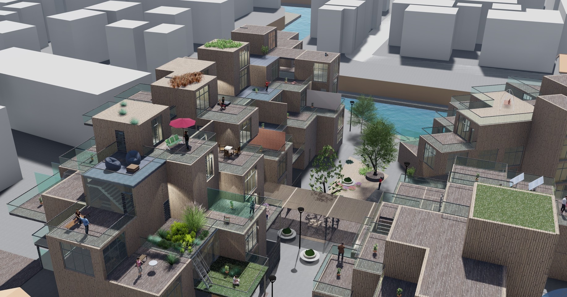 Hyggehäuser — aerial view with residents, terraces and courtyard