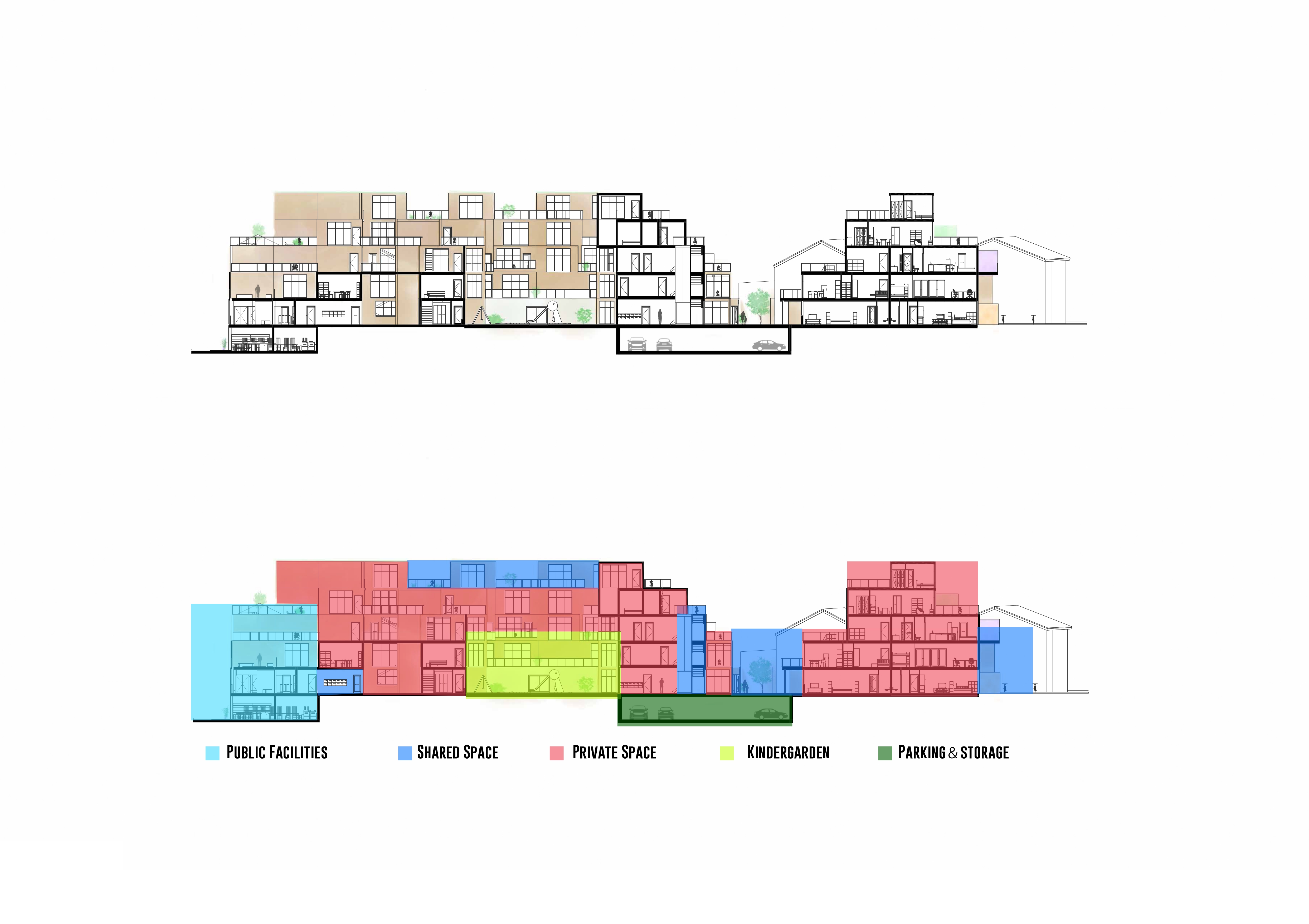 Section A-A' — terraces stepping toward the river